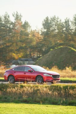 Parlak modern sedan manzaralı kırsal yolda