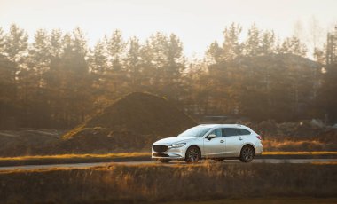 Aile aracı yeşil kırlarda seyahat ediyor.