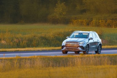 Yeşil bir ormanın yanından geçen aile cipi.