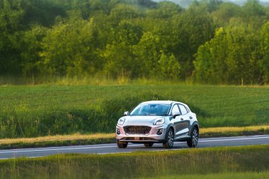 Yeşil bir ormanın yanından geçen aile cipi.