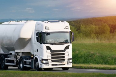 Kırsal yolda konteynır deposu olan ticari kamyon.