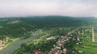Mountain homes bathed in early morning sunlight