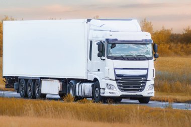 Beyaz eşya aracı yeşil doğada ilerliyor.