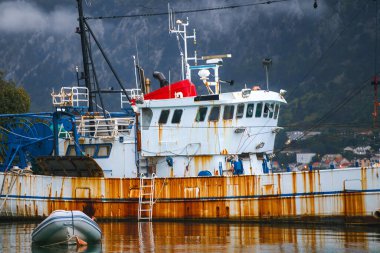 Balıkçı teknesi arka planda dağlarla kenetlenmiş.