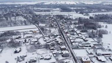 Banliyö evleri ve karlı ağaçlarla soğuk mevsim sahnesi