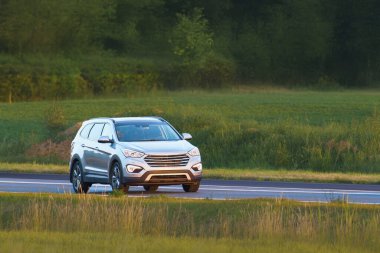 Huzurlu yolda ağaçların yanında giden SUV.