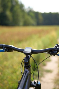 GPS cihazıyla yeşil orman patikasında gezinen bisikletçi