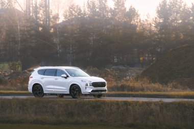 Sessiz kırsal sokakta şık bir otomobil.