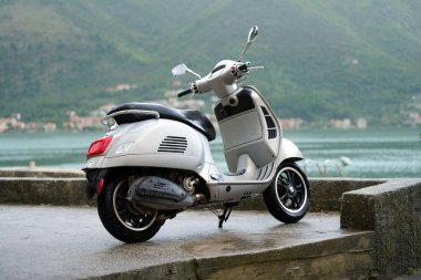 Kırsalda göl kenarındaki gümüş motosiklet.