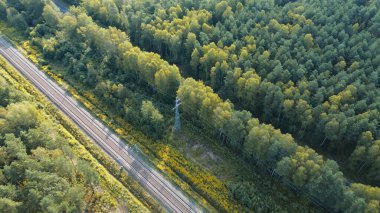 Ormandan geçen demiryolu raylarının ve yolların havadan çekilmiş görüntüleri.