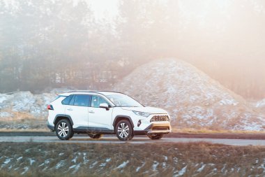 Uzun çimenlerin ve toprağın yanında güneşli bir cip.