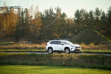 Modern araç doğa arkaplanlı yolda