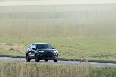 Elektrikli araba sürücüsü açık alanda geziniyor.