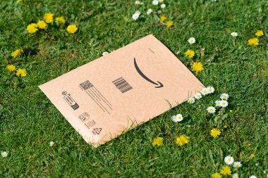 Çimlerde düz kahverengi nakliye zarfı 05.05.2025 Polonya Avrupa