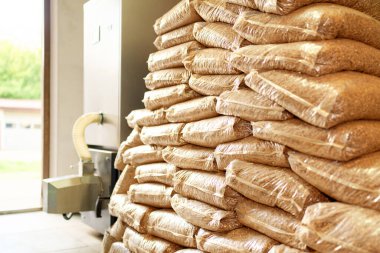 Endüstriyel kazan dairesinde sıkıştırılmış ahşap topaklar