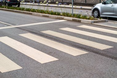 Asphalt surface with painted pedestrian crosswalk stripes
