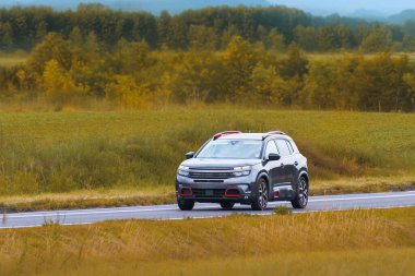 Araç sakin bir banliyö yolu boyunca gidiyor.