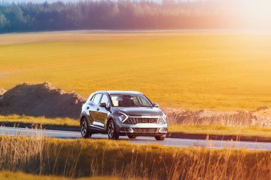 Kırsal otoyolda engebeli cip hareket halinde.