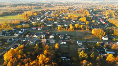 Huzurlu evlerin ve düşen ormanların havadan görünüşü
