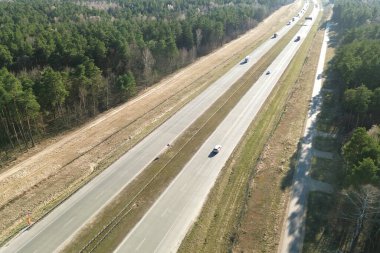 Ağaçların arasından geçen düz bir yol.