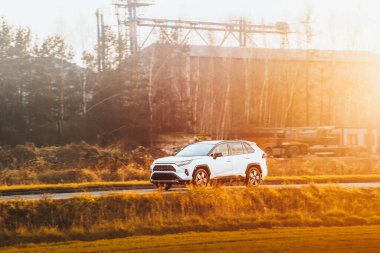 Ormanın yakınındaki manzaralı yolda giden bir araba.