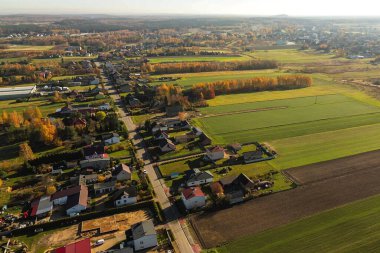 Canlı mevsimlik yapraklar arasında köy çatıları