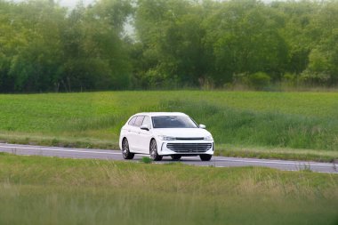 Güzel bir manzarada yol alan Avrupalı bir arazi aracı