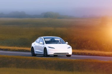 Açık manzaralı otoyolda giden spor bir eko araba.