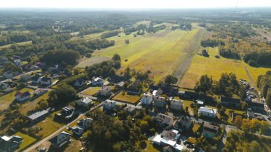 Parlak güneş ışığı ağaçlara ve çimenlere vuruyor.