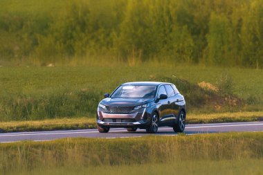 Yeşil manzaralı gösterişli bir arazi aracı.