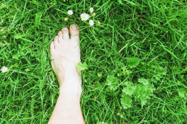 Yumuşak çimenlerin üzerinde çıplak ayaklar.