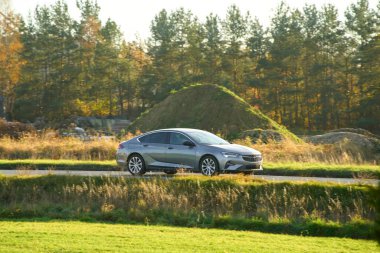 Yeşil kırsal arka plana sahip şık bir sedan.