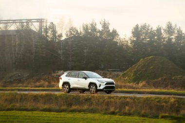 Sonbahar renkleriyle orman yakınlarında seyahat eden bir SUV.