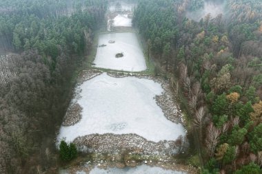 Ormanın ortasında donmuş dikdörtgen balık göletleri.