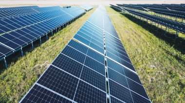 Günışığında birden fazla güneş paneli olan yenilenebilir enerji çiftliği