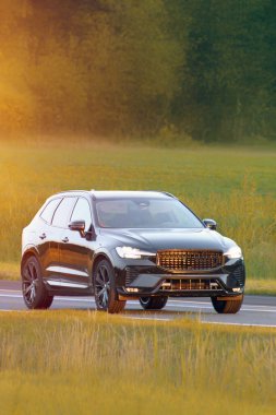 Şık İsveçli SUV manzaralı kırsal yolda gidiyor.