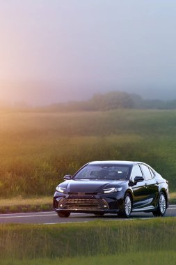 Modern şirket sedanı kırsal yolda süzülüyor