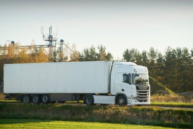 Kırsal alanda beyaz yük kamyonu sürüyor.