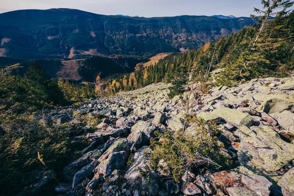 Arkasında dağ olan bir kanyon.