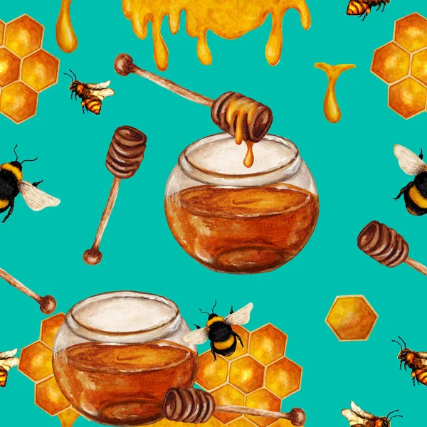 Handritad Sömlös Mönster Honung Honung Kam Med Bin Upprepa Mat — Stockfoto