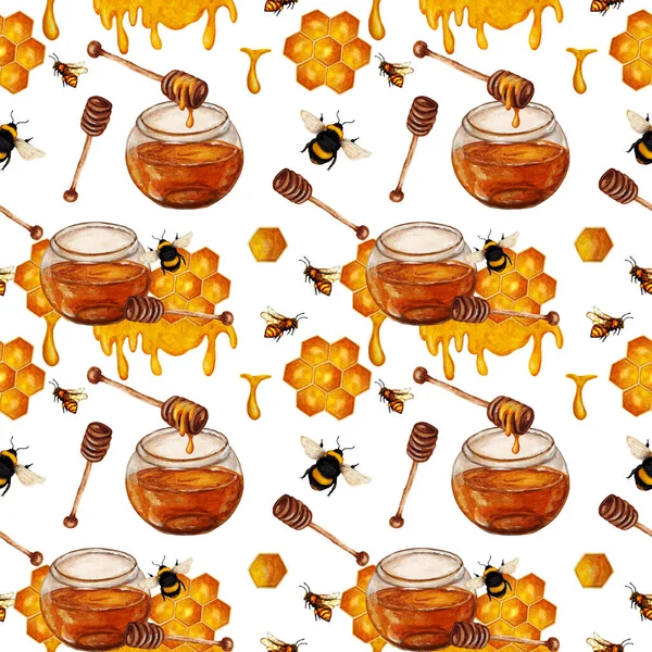 Ручной Рисунок Бесшовный Меда Соты Пчелами Повторять Шаблон Питания — стоковое фото