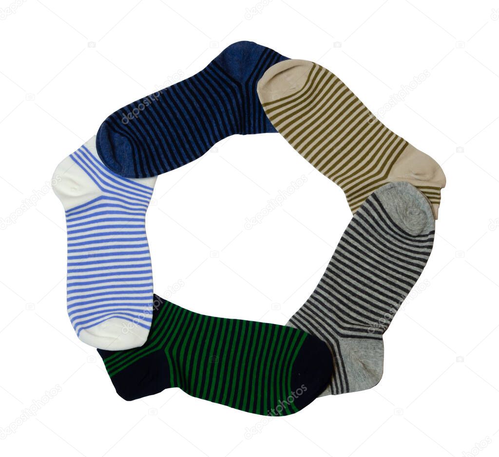 striped socks in different colors folded in a circle on a white background