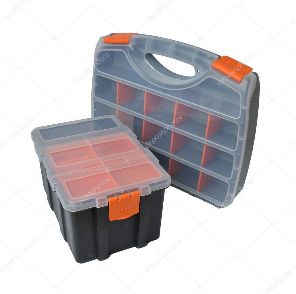 plastic boxes and containers for storing and carrying tools and various little things in the range