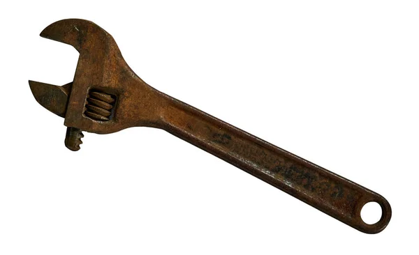 Beyaz arka planda eski paslı ayarlanabilir anahtar.