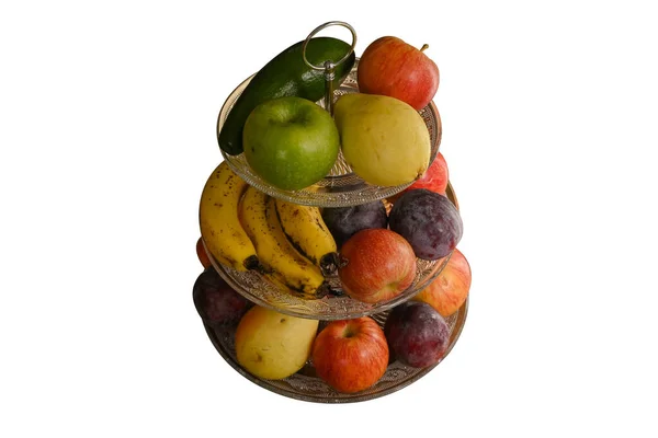 Regale stufenförmiger Obststand mit Obstböden auf weißem Hintergrund — Stockfoto