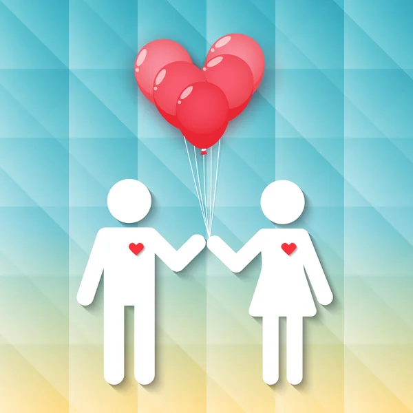 Menino e menina com balões de coração vermelho — Vetor de Stock