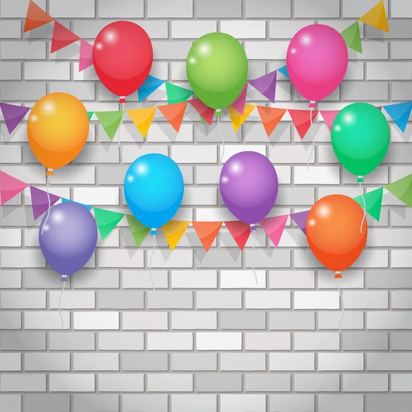Ballon und Party-Fahnen auf Ziegelwand Hintergrund — Stockvektor