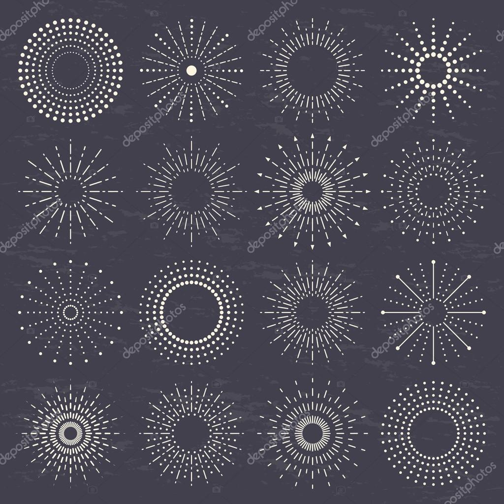 Starburst, sunburst, sunrays, fireworks collection set on dark background.