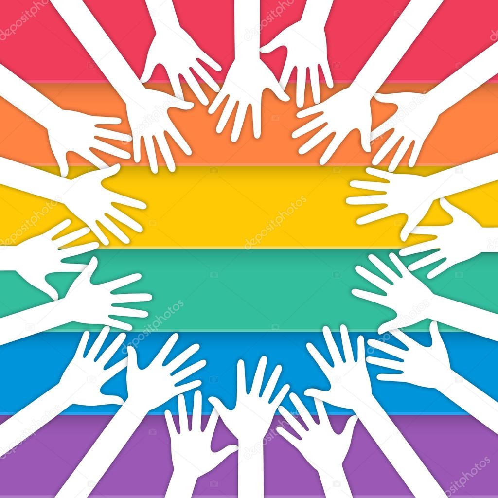 hands raising with pride flag