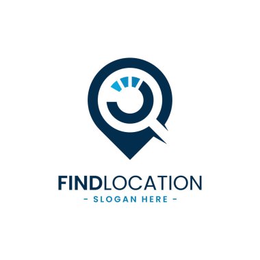 Konum logo tasarım şablonu bul. Şehir konum belirleyici. İşaretleyici ve silindir veya büyüteç vektör kombinasyonu. Yaratıcı GPS haritası nokta konum sembolü kavramı.